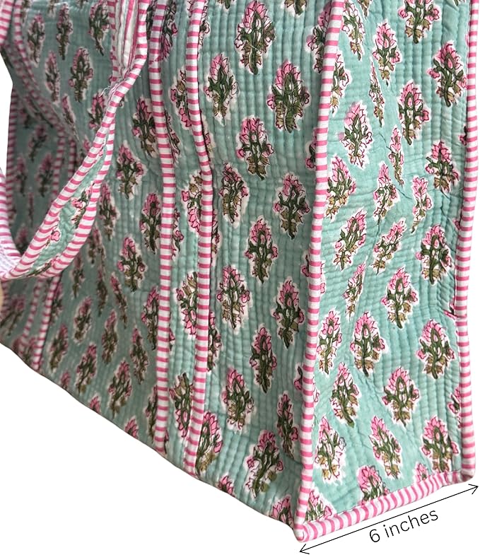 ATOSII Women Handblock Print Quilted 100% Cotton Floral Large Shoulder Tote Bag with Pocket, Zipper for Work, Beach & Travel