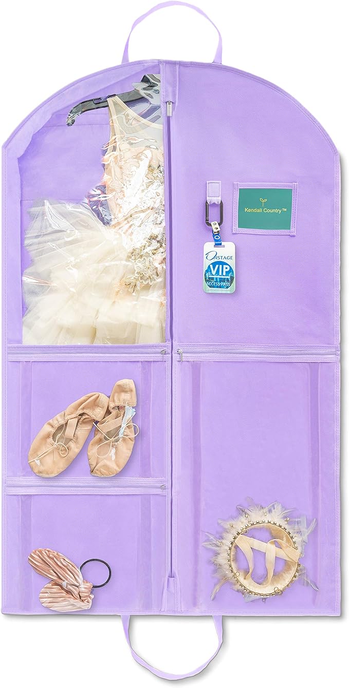 Waterproof Hanging Garment Bag 40 inch Clothes Bag with Gusset, 5 Pockets & Side Zip for Dance Costumes, Sports, Skating, Theatre, Beauty Pageants & More by Kendall Country, Lavender Purple
