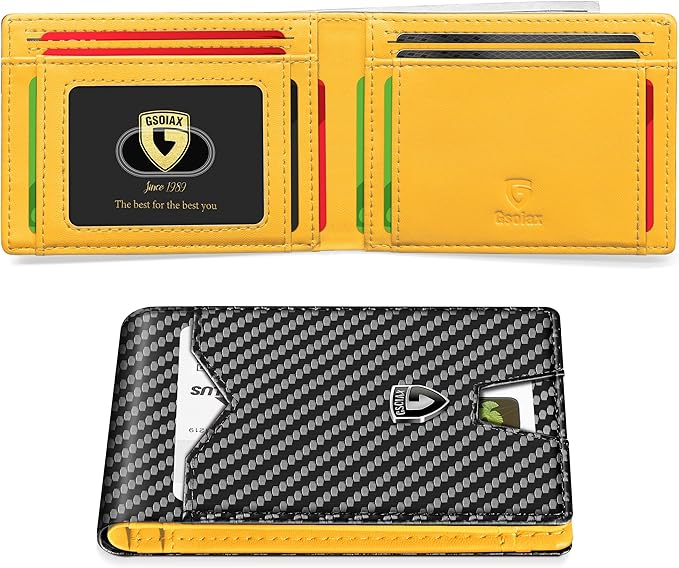 GSOIAX Slim Wallet for Men Rfid Blocking Leather Bifold Front Pocket Carbon Fiber Men's Money Clips Credit Card Holder With Gift Box