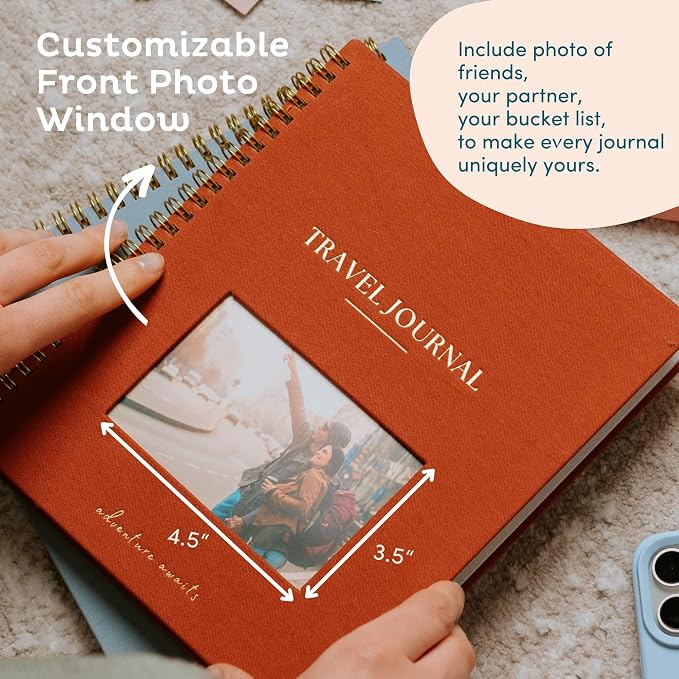 Nook Theory Personalized Travel Journal for Women, Men - Linen Travelers Notebook, Adventure Book with Prompts, Perfect for Travel Gifts (Burnt Orange)