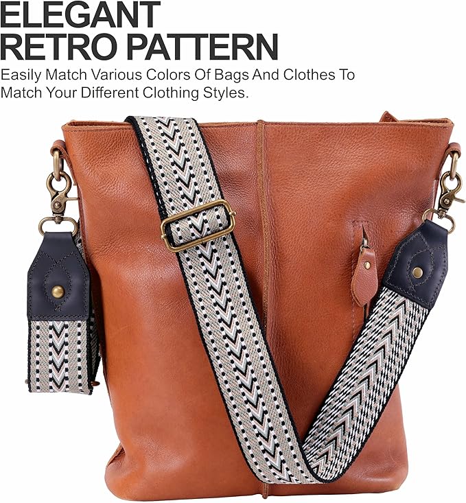 Nefelibata Purse Strap-2"Crazy Horse Leather Bag Strap Adjustable Replacement,Retro Jacquard Embroidery Crossbody Straps