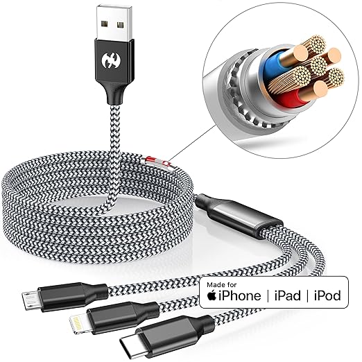 Multi Charging Cable 10ft 2Pack 3 in 1 Charger Cord, Long Multiple Rapid Nylon Braided Cable USB Charging Cable Multi Phone Charger Cord with Type C Micro Lightning USB Connectors for Cell Phones