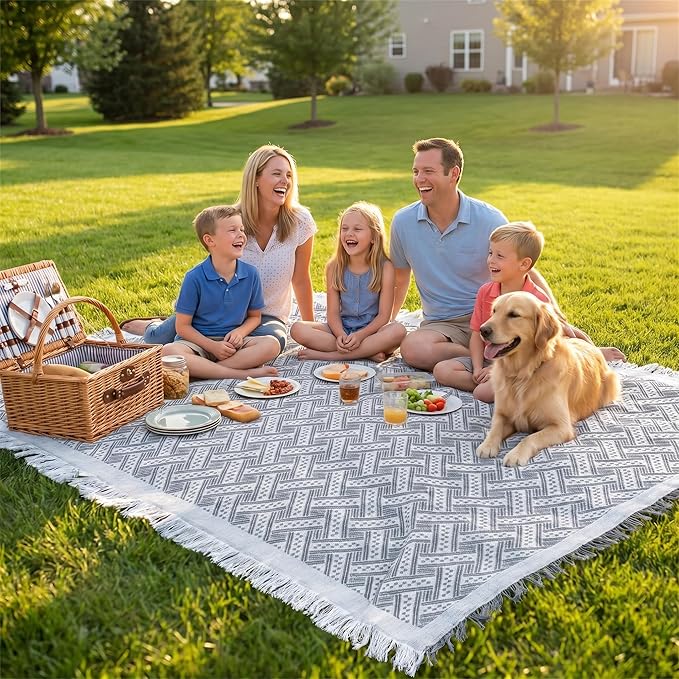 70x70 Bohemian Picnic Mat Extra Large, Sand Proof Outdoor Camping Blanket Machine Washable, Lightweight Portable Travel Tarp for 5-7 Adults Beach Park Grass (Gray-T-Grid)