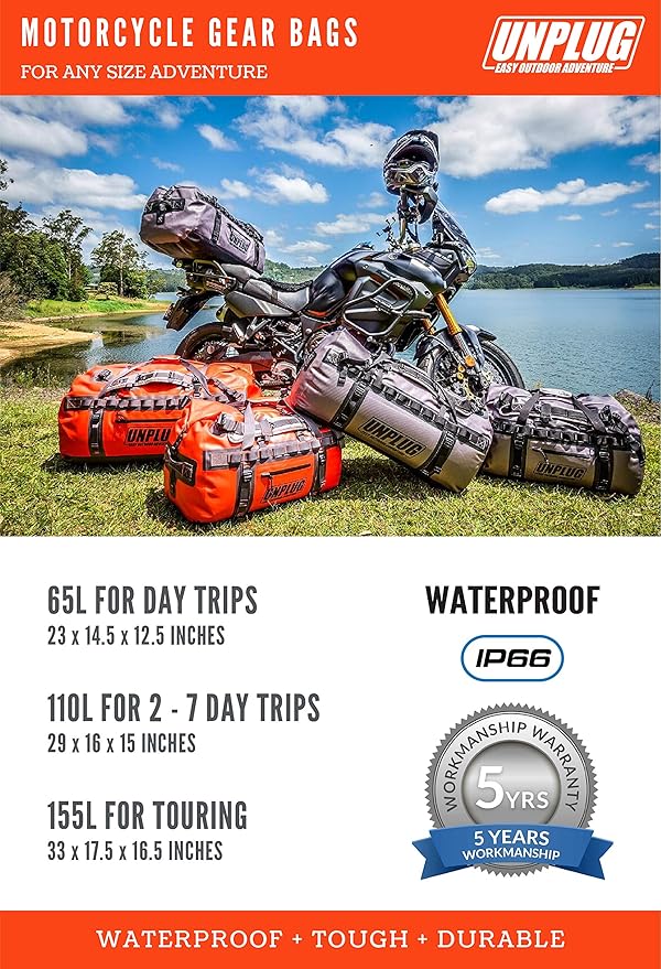 UNPLUG Ultimate Adventure | 1680D Heavy Duty Waterproof Bag | Large Travel Bag which can be Used for Camping, Motorcycling, Boating, or Hunting|110L Adventure Orange