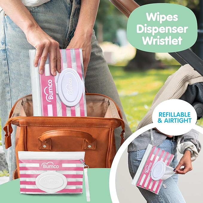BUMCO Airtight Wipes Dispenser, Keeps Wet, Reusable Refillable Pouch, Diaper Bag Organizer for Travel, Carrying Clutch, Unique Baby Gift for Girl Boy [pink]