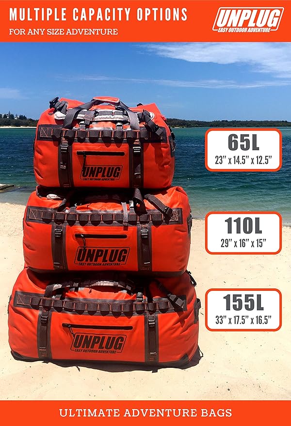 UNPLUG Ultimate Adventure | 1680D Heavy Duty Waterproof Bag | Large Travel Bag which can be Used for Camping, Motorcycling, Boating, or Hunting|110L Adventure Orange