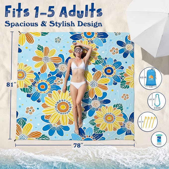 Aroveea Beach Blanket Waterproof Sandproof 1-7 Adult Oversized 78''X81''/10'X9' Lightweight Durable Compact Sand Free Beach Mat for Travel Camping Hiking Picnic Blanket