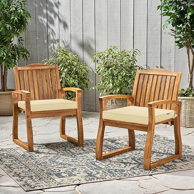 Outdoor Chair Cushions 24 x 24 Inch Water Resistant Patio Chair Cushions with Tie 3 Year Color Fastness Thick Outdoor Seat Cushion for Garden Lawn Patio Furniture Beige Set of 2