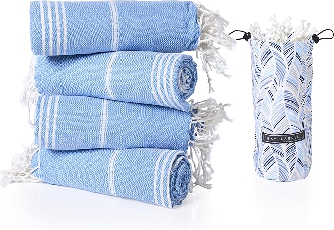 BAY LAUREL 4-Pack Oversized Turkish Beach Towels – Quick Dry, Sand Free Towels with Travel Bags, 39"x71", Lightweight (Pack of 4 - Denim Blue)