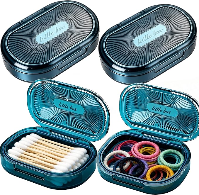 4 Pcs Hair Tie Container Small Portable Travel Cotton Swab Holder Dispenser with Lid Plastic Box Storage Containers for Small Items, 3.94 x 2.76 Inch(4Pces,Blue01)