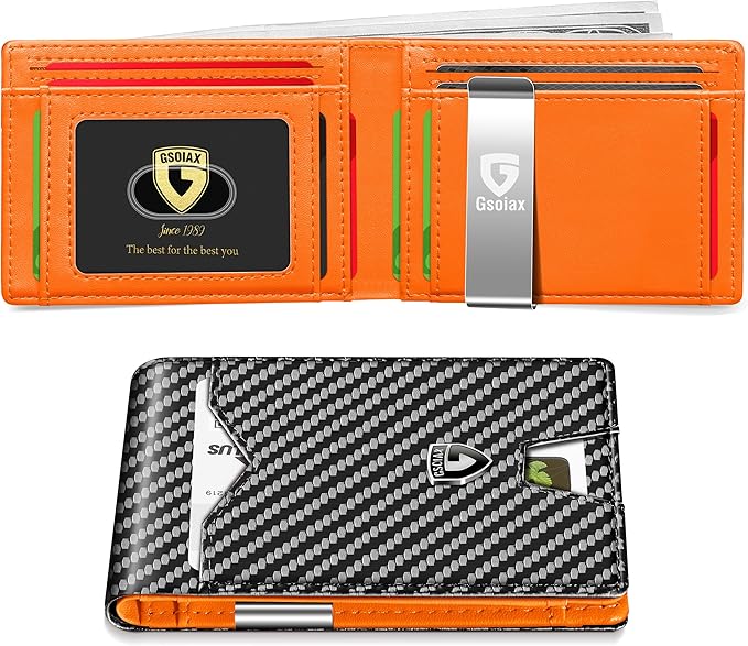 GSOIAX Slim Wallet for Men Rfid Blocking Leather Bifold Front Pocket Carbon Fiber Men's Money Clips Credit Card Holder With Gift Box