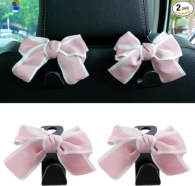 Amooca Car Seat Headrest Hook Cute Bowknot Vehicle Hanger Car Storage Organizer for Handbag Purse Coat Grocery Bag Black Pink