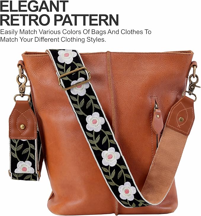 Nefelibata Purse Strap-2"Crazy Horse Leather Bag Strap Adjustable Replacement,Retro Jacquard Embroidery Crossbody Straps