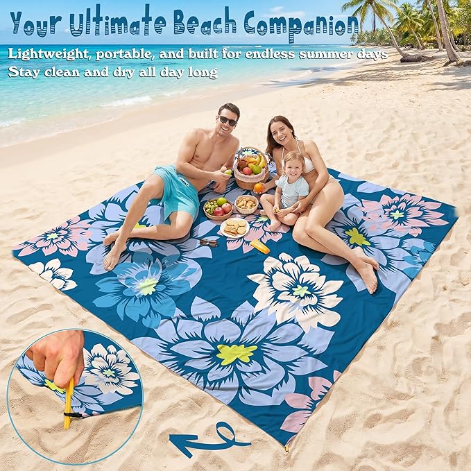 Aroveea Beach Blanket Waterproof Sandproof 1-7 Adult Oversized 78''X81''/10'X9' Lightweight Durable Compact Sand Free Beach Mat for Travel Camping Hiking Picnic Blanket