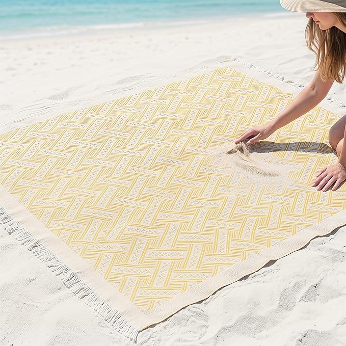 70x70 Bohemian Picnic Mat Extra Large, Sand Proof Outdoor Camping Blanket Machine Washable, Lightweight Portable Travel Tarp for 5-7 Adults Beach Park Grass (Yellow-T-Grid)