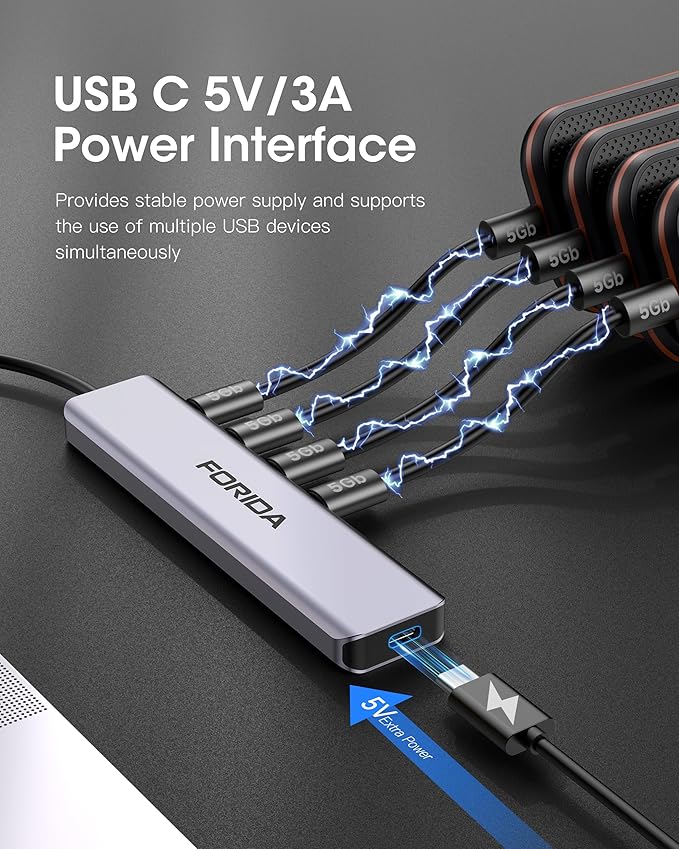 FORIDA Aluminum Alloy 7-Port USB Hub, Portable Multiport USB Splitter Adapter with 4 USB-C 3.0, 2 USB 2.0, 5V Charging Port, Fast USB Extender Compatible with Laptop, PC, Desktop Computer