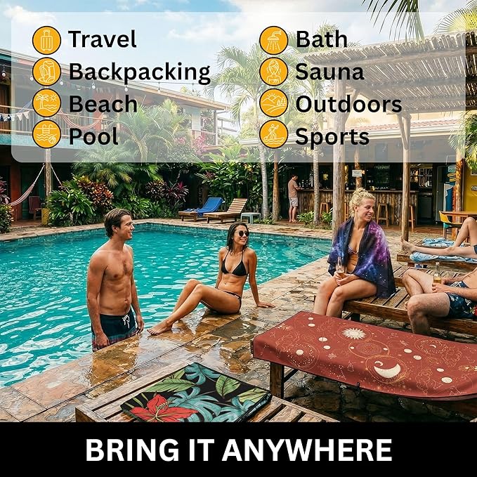 Travel Towel – Packable, Lightweight, Quick-Dry, Fade Resistant, Sand-Repellent – Soft Microfiber Towel for Travel, Backpacking, Beach, Pool, Outdoors – Double-Sided Print – 60” x 30”