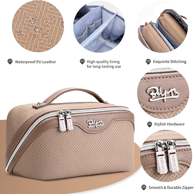 BOYATU Travel Makeup Bags for Women: Vintage Roman Column Texture Large Capacity Cosmetic Bag - Each Journey, Quiet Luxury Serenity - 3 Pcs Set Organizer Toiletry Purse 50% Extra Storage(Beige)