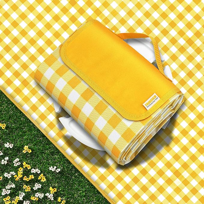 SAMSIER Outdoor Picnic Blankets Waterproof Foldable Sandproof, Large Gingham Cute Picnic Mat Washable Portable for Park Beach Camping Courtyard (Yellow, 60"×80")