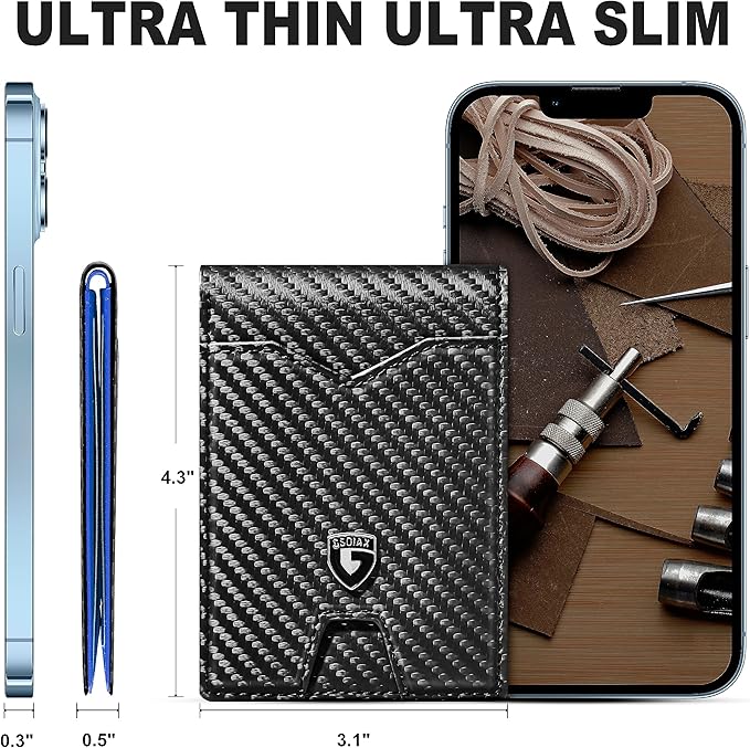 GSOIAX Slim Wallet for Men Rfid Blocking Leather Bifold Front Pocket Carbon Fiber Men's Money Clips Credit Card Holder With Gift Box