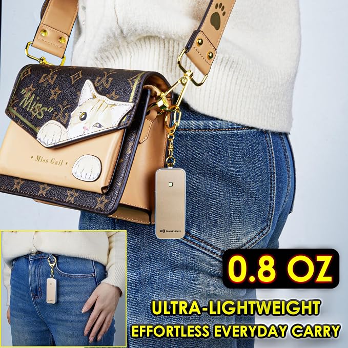 Ultrathin Personal Alarm Rainproof Ultra-Lightweight (0.8 oz) Bulky-Free Keychain Siren for Women, Students Safety. SOS Emergency 130db Hiking Alert Strobe Light. Replaceable Battery. Gold
