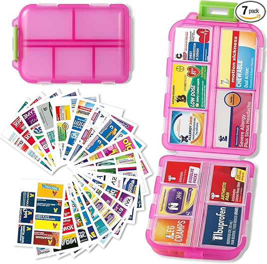 Pill Organizer with Medicine Labels Travel Daily Pill Container Mini Medication Organizer Storage Pill Organizer Travel Essentials Pill Case 7 Day (Pink & 161 Lables)