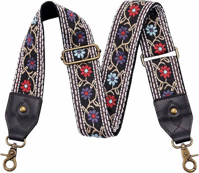 Nefelibata Purse Strap-2"Crazy Horse Leather Bag Strap Adjustable Replacement,Retro Jacquard Embroidery Crossbody Straps