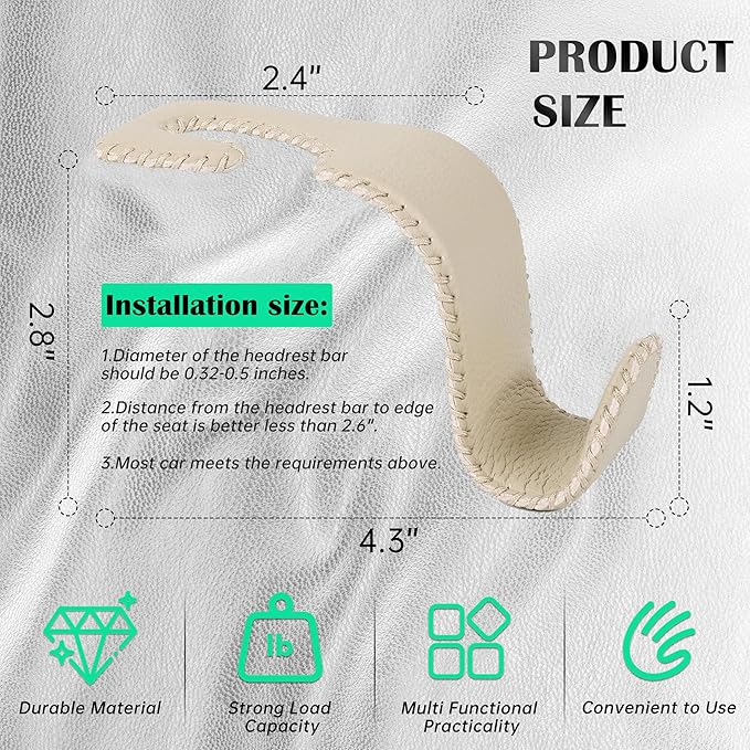 Amooca Car Seat Headrest Hook Universal Vehicle Storage Hanger Leather with Metal Car Seat Back Organizer for Handbag Purse Coat Beige 2 Pack