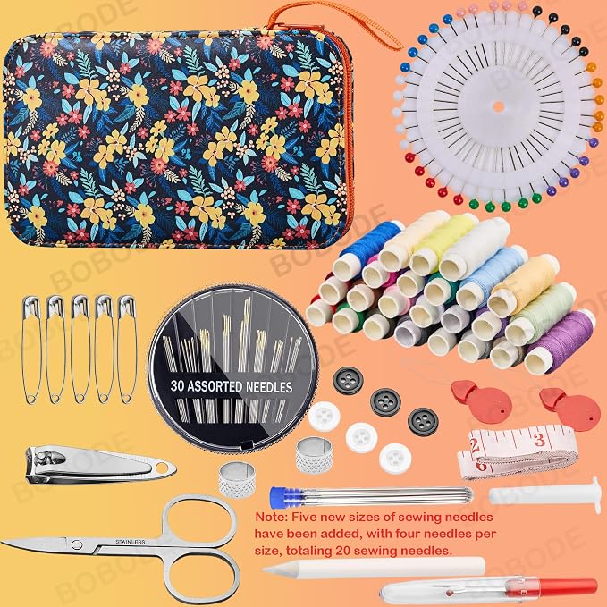 Bobode Printing Travel Basic Sewing Kit with 130PCS Accessories | Professional Sewing Supplies with 24 Sewing Thread,Floral Pattern Sewing Kit for Adults,Emergency and Beginners