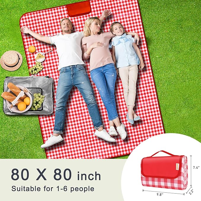 SAMSIER Outdoor Picnic Blankets Waterproof Foldable Sandproof, Extra Large Gingham Cute Picnic Mat Washable Portable for Park Beach Camping Courtyard (Red, 80"×80")