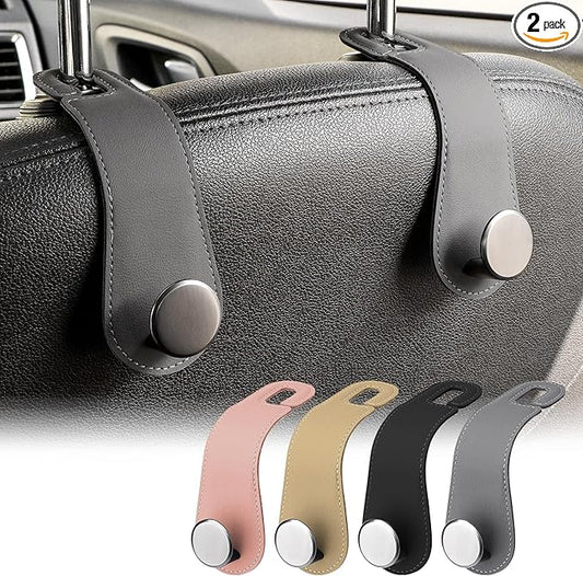 JESTOP Car Headrest Hooks, 2 Pack Leather Car Seat Storage Hanger for Purses Bags, Stylish Car Seat Organizer Hooks for Handbag Coat Umbrellas, Car Inside Accessories, Gray