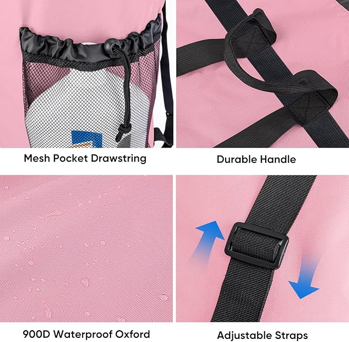 BALEINE 120L Laundry Bag Backpack, 900D Oxford Fabric Large Travel Laundry Bags with Shoulder Straps and 2 Mesh Pockets for College Dorm, Apartment, Laundromat (Pink, 120L)