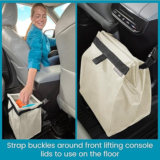 High Road TrashStash Hanging Car Garbage Bag with Push-Close Lid and Waterproof Bin for Cars, SUVs and Trucks - Holds 3 Gallons of Car Trash, Tan