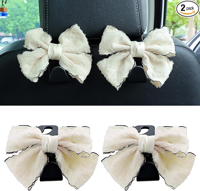 Amooca Car Seat Headrest Hook Cute Bowknot Vehicle Hanger Car Storage Organizer for Handbag Purse Coat Grocery Bag Puff Ivory