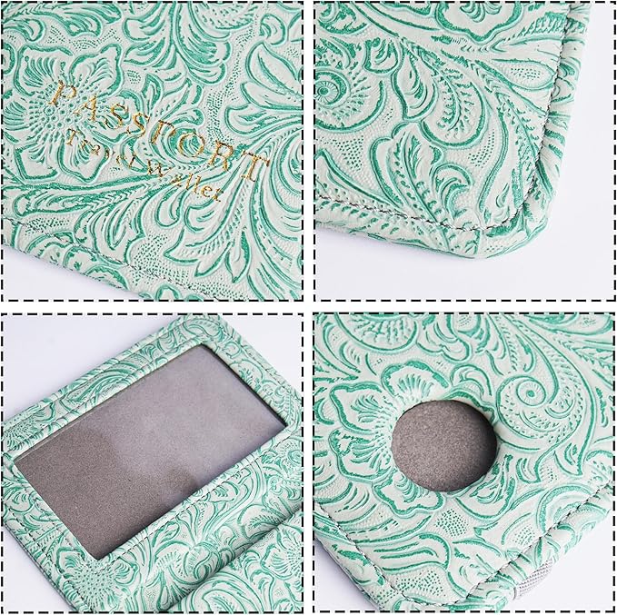 lizimandu Passport Holder with Airtag Slot, Airtag Passport Wallet for Men Women, Slim Leather Passport Holder Case Family for Travel Anti-Lost(1-Carved Green3)