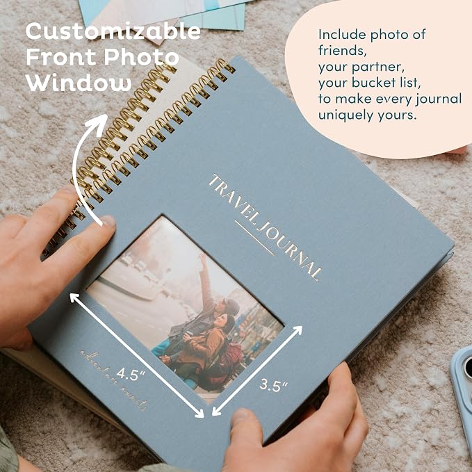 Nook Theory Personalized Travel Journal for Women, Men - Linen Travelers Notebook, Adventure Book with Prompts, Perfect for Travel Gifts (Indigo)