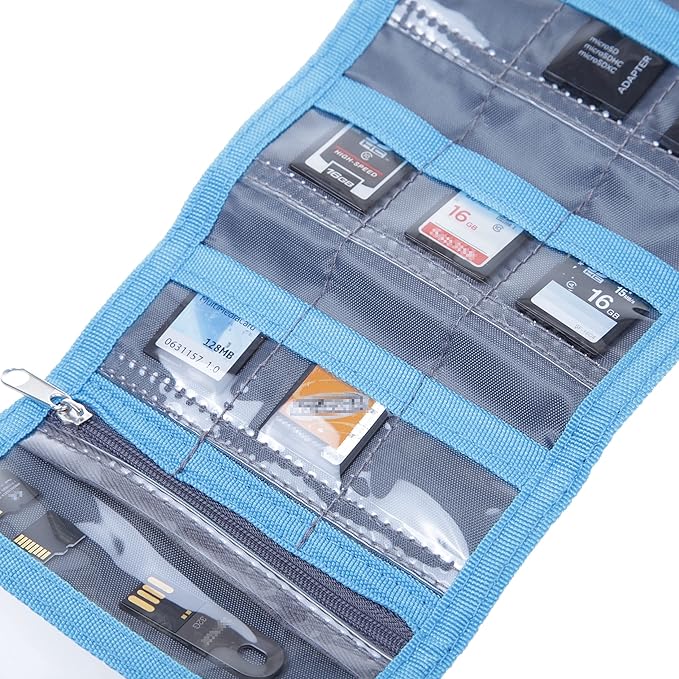 Memory Card Wallet - SD Card Storage - Slim and Foldable with Transparent Slots - Can Carry Up to 15 SD Cards - Straps with Tether Included - (Black/Blue)