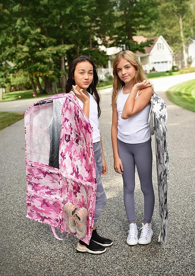 Waterproof Hanging Garment Bag 40 inch Clothes Bag with Gusset, 2 Pack, 5 Pockets & Side Zip for Dance Costumes, Cheer, Skating, Theatre, Beauty Pageants & More by Kendall Country, Camo Pink