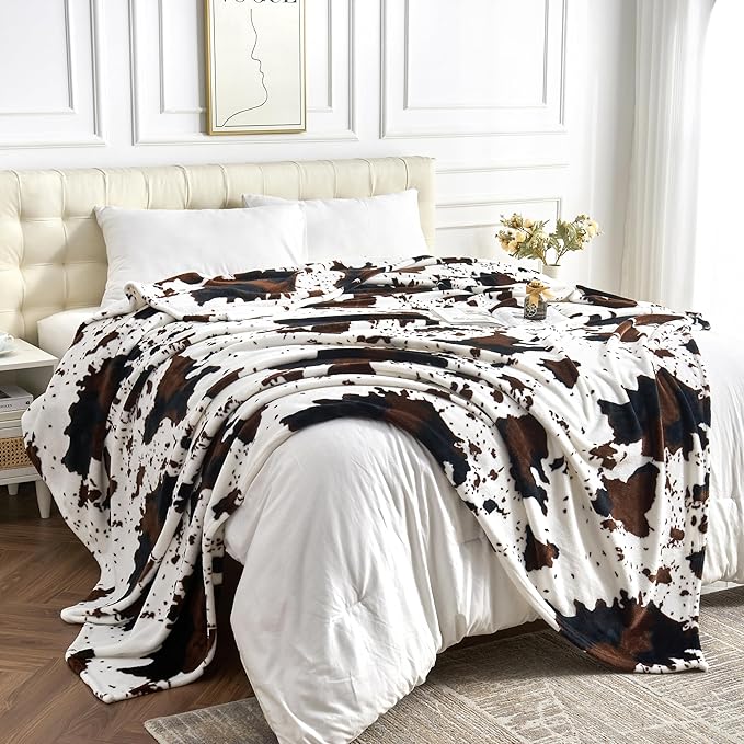 Edenleaf Queen Size Cow Blanket for Couch Bed, Soft Cozy Fleece Cow Printed Blanket for All Seasons 90"x90" (Dark Brown)
