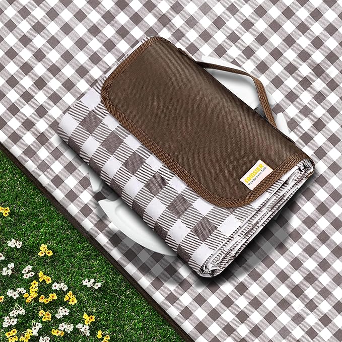 SAMSIER Outdoor Picnic Blankets Waterproof Foldable Sandproof, Extra Large Gingham Cute Picnic Mat Washable Portable for Park Beach Camping Courtyard (Brown, 80"×80")