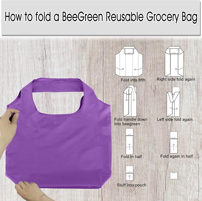 BeeGreen Purple Reusable Grocery Bags Wholesale Purple Reusable Kitchen Bags Bulk Foldable-Machine Washable with Zipper Storage Pouch 10 Packs