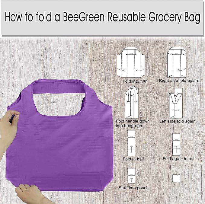 BeeGreen Purple Reusable Grocery Bags Wholesale Purple Reusable Kitchen Bags Bulk Foldable-Machine Washable with Zipper Storage Pouch 50 Packs