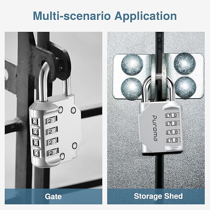 Puroma 4 Pack Combination Lock for Locker 4 Digit Outdoor Waterproof Padlock for School, Gym, Sports, Fence, Toolbox, Gate, Case, Outdoor, Hasp Storage, Cabinets (Silver & Black)