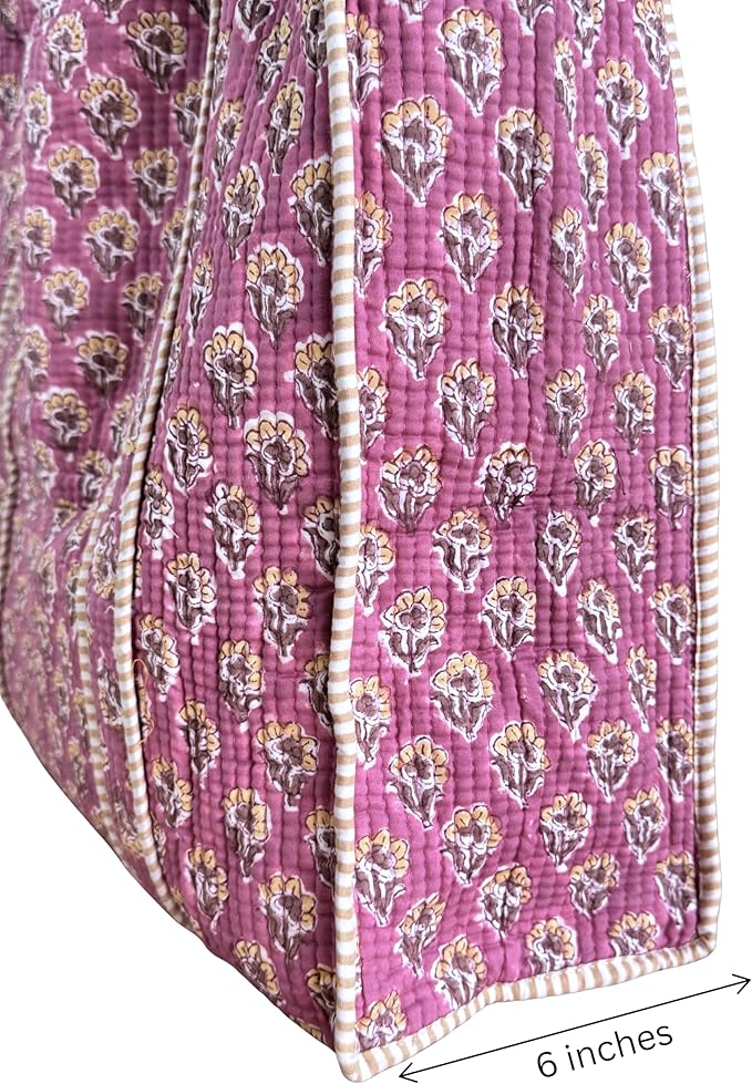 ATOSII Women Handblock Print Quilted 100% Cotton Floral Large Shoulder Tote Bag with Pocket, Zipper for Work, Beach & Travel