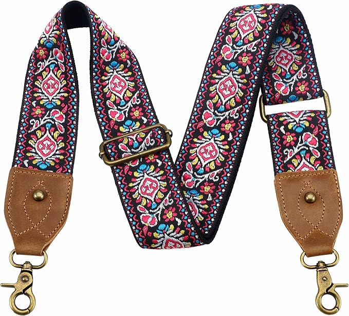 Nefelibata Purse Strap-2"Crazy Horse Leather Bag Strap Adjustable Replacement,Retro Jacquard Embroidery Crossbody Straps