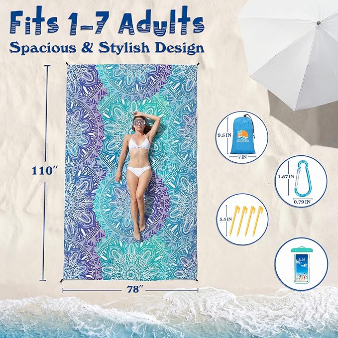 Aroveea Beach Blanket Waterproof Sandproof 1-7 Adult Oversized 78''X81''/10'X9' Lightweight Durable Compact Sand Free Beach Mat for Travel Camping Hiking Picnic Blanket