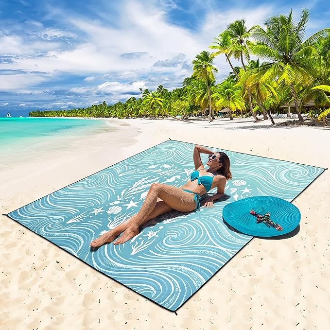 WIWIGO Beach Blanket Waterproof Sandproof Beach Mat 79" X 83"/10'x9'for 2-8 Adults Quick Drying Outdoor Picnic Mat Beach Accessories for Travel, Camping, Hiking