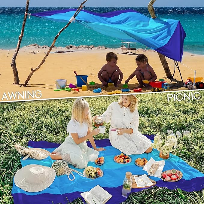 BYDOLL Beach Blanket Waterproof Sandproof Large Sand Free,78''X81''/10'X9' Oversized Sandless Lightweight Blanket Picnic Mat for Beach Travel Camping Hiking with Stakes