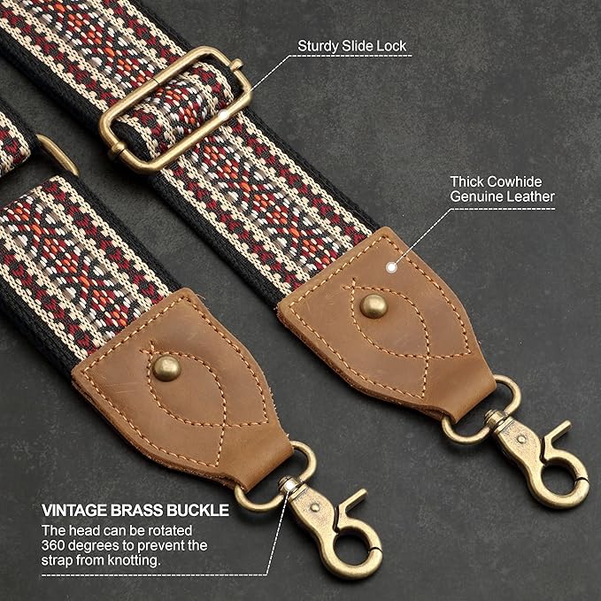 Nefelibata Purse Strap-2"Crazy Horse Leather Bag Strap Adjustable Replacement,Retro Jacquard Embroidery Crossbody Straps