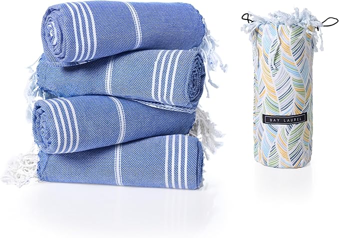 BAY LAUREL 4-Pack Oversized Turkish Beach Towels – Quick Dry, Sand Free Towels with Travel Bags, 39"x71", Lightweight (Pack of 4 - Dark Blue with Yellow Floral)